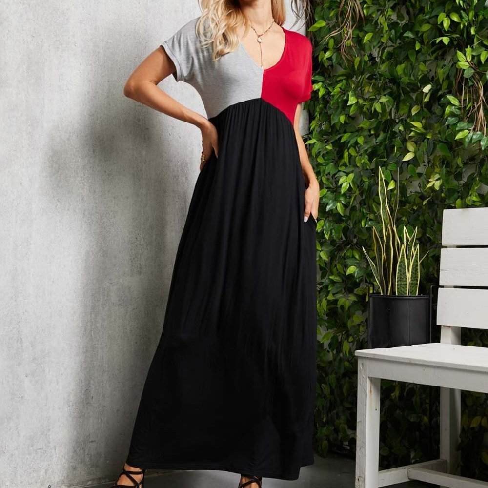 Color Block V-Neck Maxi Empire-Waist Dress